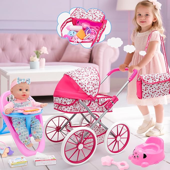 deAO Baby Doll Stroller Set High Chair Travel Diaper Bag with 12 inch Baby Doll Accessories Pretend Play Toys with Foldable Stroller 2 Sets Doll Clothes Birthday Gift for Girls Boys Toddler Kids