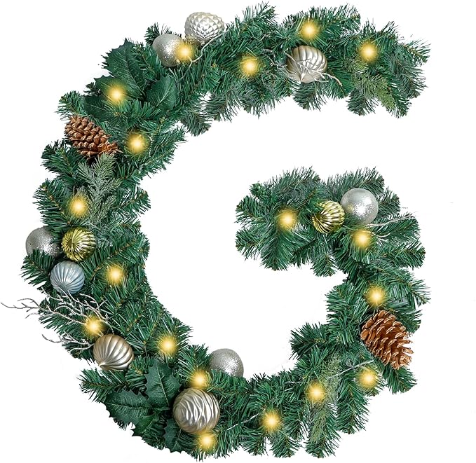 Christmas Garland Lighted Indoor Outdoor Decorations Artificial Christmas Garlands with Light Mantel Pine Cone for Door Porch Holiday Party Outdoor Indoor Xmas Decor 6FT Gold B