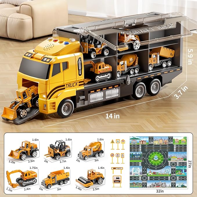 Toddler Boys Construction Truck Vehicle Toy Set with Play Mat, Die-Cast Toy Car Carrier Truck for Kids, Birthday Gifts for 3-8+ Year Olds