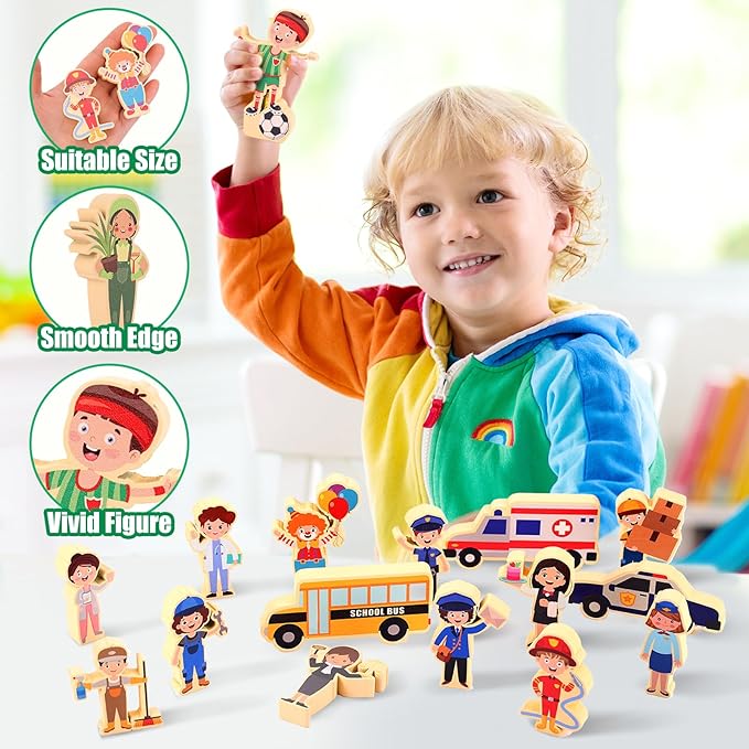 40 Pcs Wooden Community Helpers Little People Figures Occupations Wooden Blocks Professionals Kids Pretend Play Toys Multicultural Career Figurines Educational Activity Social Learning Supplies