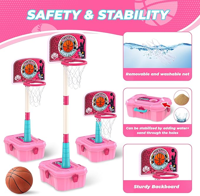 4-in-1 Toddler Basketball Hoops and T-Ball Set, Height Adjustable Kids Basketball Hoops, Baseball Launcher, Indoor/Outdoor Hanging T-Ball Baseball Toys for Boys and Girls Ages 3+(Pink)