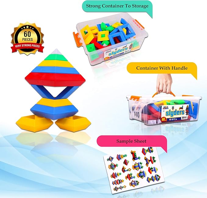 Slyder Set: 60 Pieces 3D Pyramid Building Blocks, Geometric Stacking Toys for Kids Ages 4+ - Creative Early Childhood STEM Educational Toys for Preschool Boys and Girls