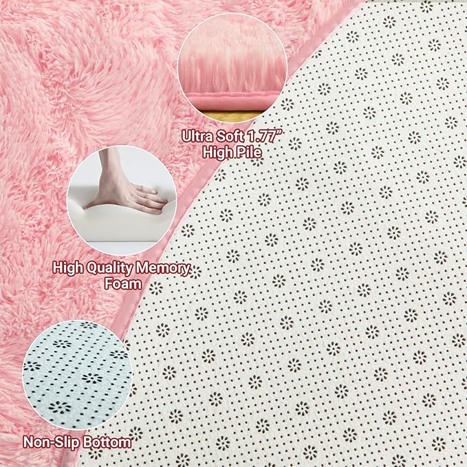LOCHAS Luxury Round Fluffy Area Rugs for Bedroom Kids Girls Room Nursery, Super Soft Circle Rug, Cute Shaggy Carpet for Children Living Room, 5x5 Feet Pink