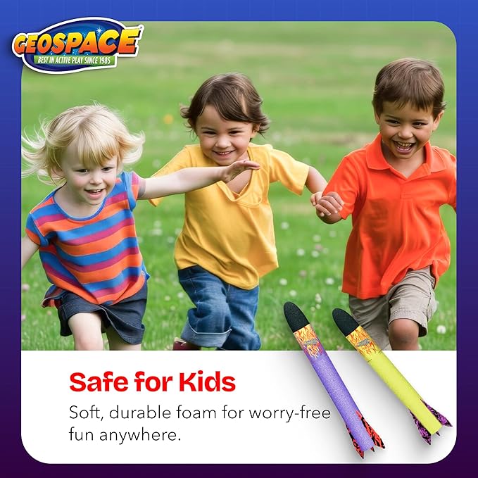 Geospace Hand Held Jr. Pump Rocket Combo Battle Pack – Flying Foam Rockets Outdoor Toys for Kids, Boys & Girls – 30" Set with 2 Launchers & 6 Rockets Set – Hand Stomper Rocket Toy - Cool Toys for Fun
