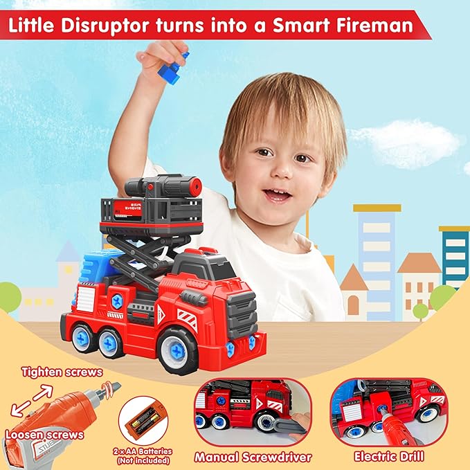 11inches Large Take Apart Toys Fire Truck for Boys Girls Kids 3-5 6-8 Year Old Fire Rescue Vehicles with Electric Drill Set Assembly Toy Learning Educational Toys