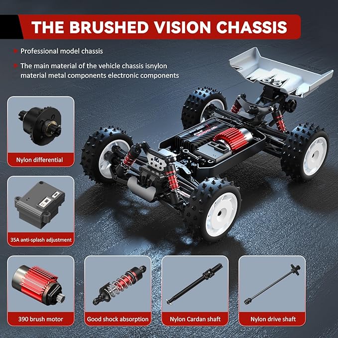 1/16 Fast Remote Control Car for Adults, Electric Vehicle Gift for Boys, High Speed RC with Max 48 mph Offroad Buggy, All Terrains RC Monster Truck with 2 sets of Rechargeable Batteries (Red)