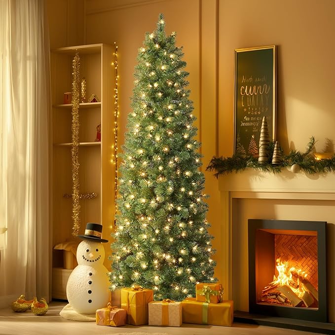 SHareconn 6ft Prelit Artificial Hinged Slim Pencil Christmas Tree with Warm White Lights, Full Branch Tips, Good Choice Decoration for Xmas Holiday, 6 FT, Green