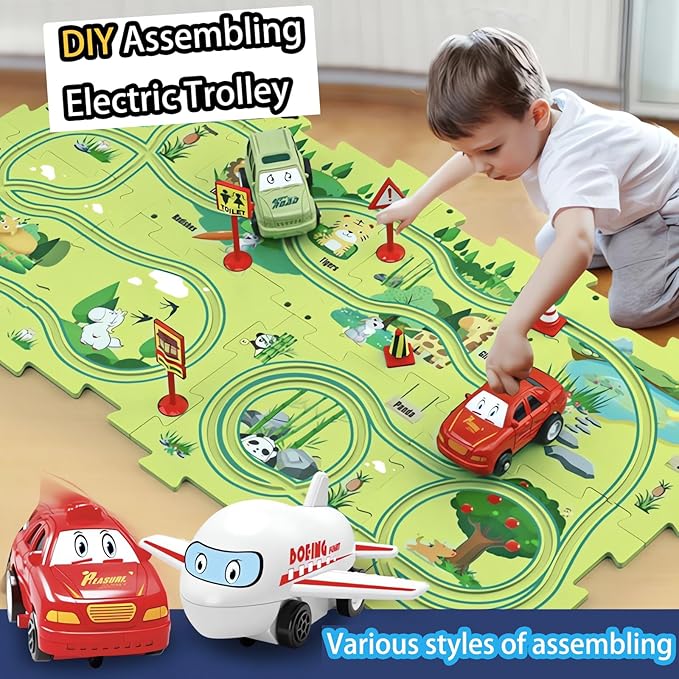Puzzle Racer Kids Car Track Set Educational Puzzle Track Car Play Set Rail Car Puzzle with Battery-Operated Toy Vehicle & Puzzle Board for Kids Ages 3+ (5PCS, 4 Style)