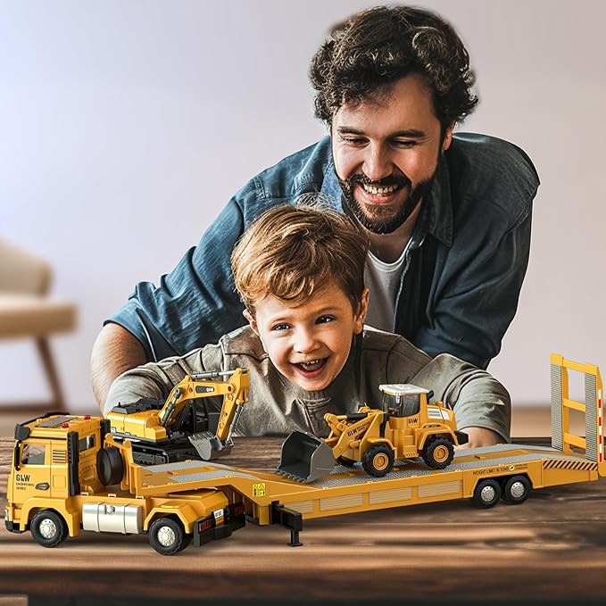 Kids Toys for 3 4 5 6 7 Years Old Boys, Die-cast Construction Toys Set w/Semi Truck, Excavator, Bulldozer, Alloy Engineering Construction Vehicles Truck Toys w/Lights & Sounds, Model Cars