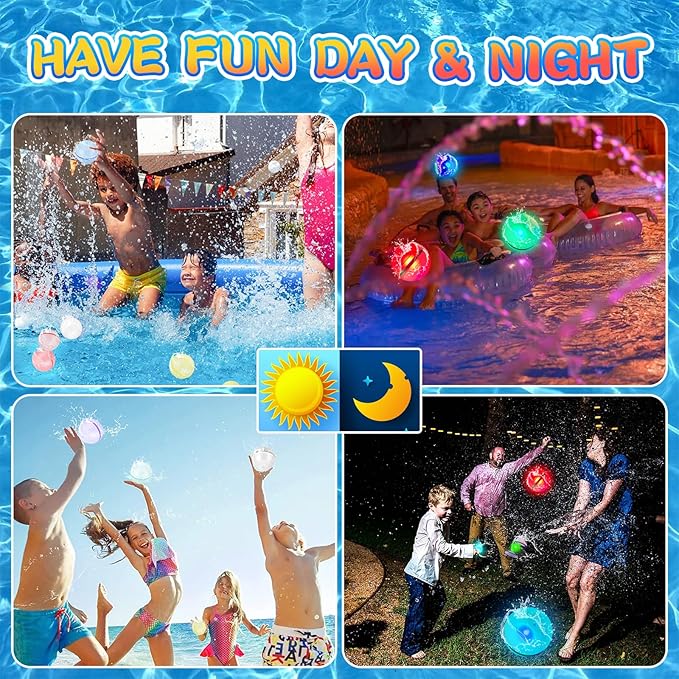 Light Up Refillable Reusable Water Balloons for Toddler Boys and Girls Ages 3+, 12 Pcs Led Quick Fill Sealing Magnetic Bomb Balls Toys Outside Activities, Summer Beach Pool Water Ball