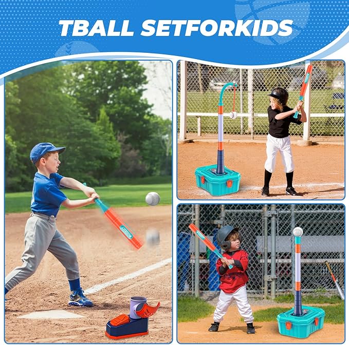 4 in 1 Basketball Hoop for Kids 1-3,Toddler basketball hoop and T-Ball Set,Height Adjustable Kids Basketball Hoop,Baseball Launcher,Indoor/Outdoor Basketball Hoop Toy for Boys and Girls Birthday Gifts