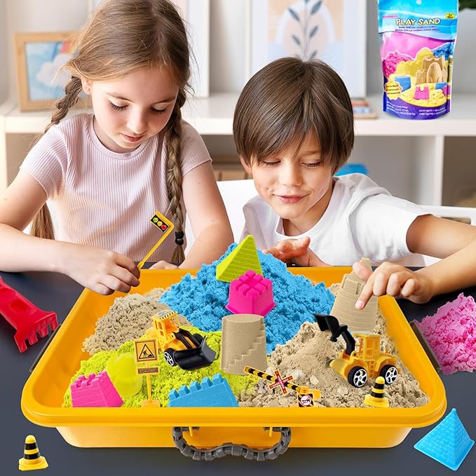 ESSENSON Sensory Bin - Play Sand Kit with Construction Set Toy Truck and 4lbs Magical Sand, Pretend Play Beach Sensory Toy Sandbox, Kids Gifts for Girls and Boys