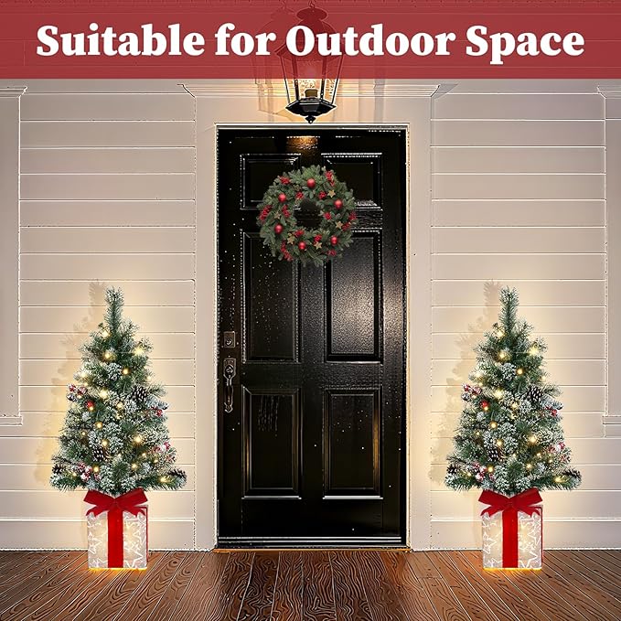 Brightever 3FT Small Christmas Tree, Pre-lit Artificial Mini Christmas Trees with 60 Warm White LED Lights and Unique Gift Box Base, Plug in Outdoor Flocked Xmas Trees for Porch, Tabletop, Green