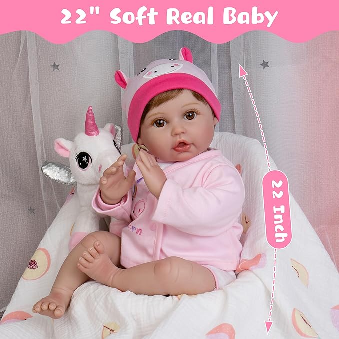 Lifelike Reborn Baby Dolls, 22-Inch Soft Cloth Body Realistic Baby Dolls with Clothes and Toy Accessories - Birthday Gift for Kids 3+