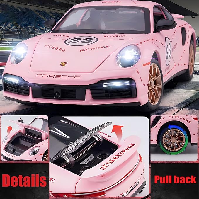 Toy Car Model Porsche 911 Turbo S Car Ornaments, Alloy Diecast Car Toy with Display Base, Pull Back Car Toys with Light & Sound for Kids Age 4-8 Girls Gift Pink