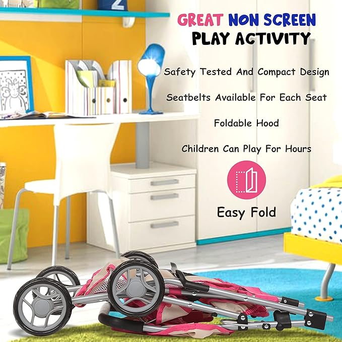 Fash n kolor, Twin Doll Double Stroller | Pink & Off-white Design Easy to Fold Double Stroller with Basket in The bottom