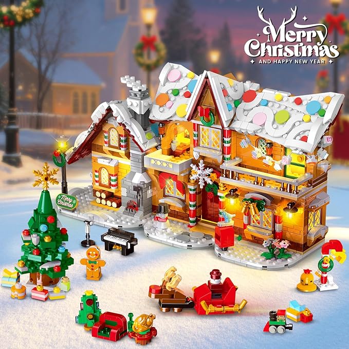 2025 Christmas 3 Style Gingerbread House Building Set with Light - 1477PCS Christmas Village Castle Building Block Toy with Santa Claus Xmas Tree Train for Adult Kids Girl Boy 6+