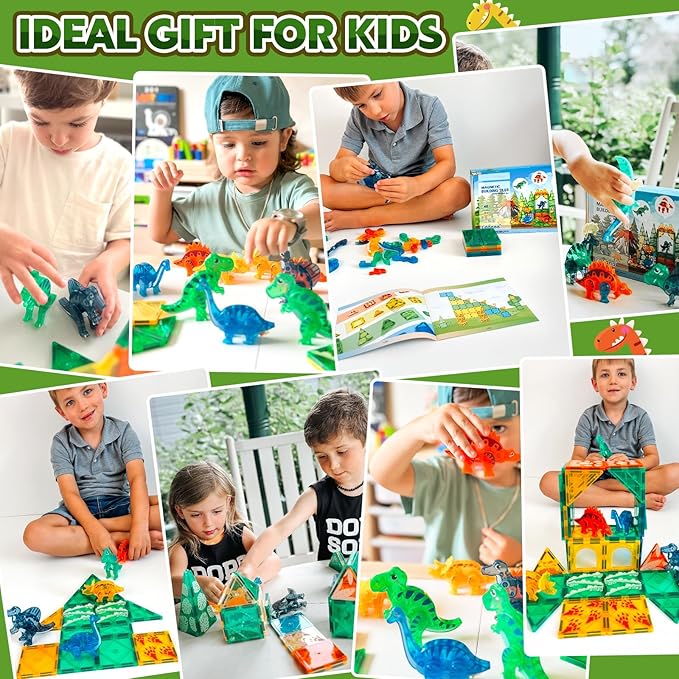 Dinosaur Toys Magnetic Tiles 3D Movable Dinos for Kids 3-5 5-7 Toddler Outdoor Sensory Toys, STEM Educational Magnetic Blocks for 3+ Years Old Boys Girls Kids Toy