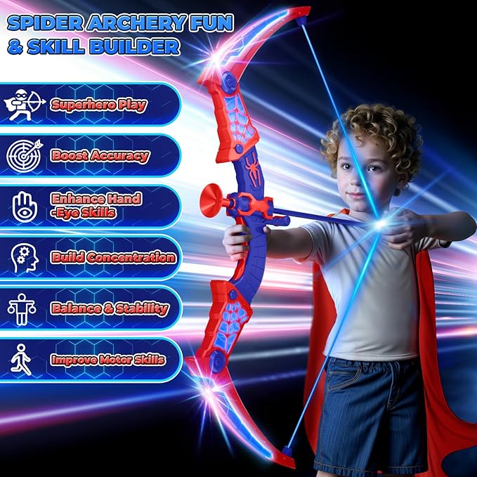 Spider Toys for Boys Age 3-4 4-6 6-8 8-12, Kids Toy BowArrow Shooting Set with Red & Blue LED Lights, Spider Quiver & Web Target, 8 Suction Cup Arrows, Toys Gifts for 3 4 5 6 7 8 9 10 12 Year Old Boys