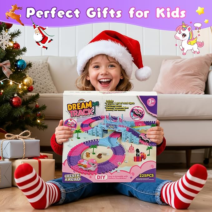 Unicorn Race Tracks for Kids Ages 3-8, 224 PCS Princess Car Toys with Magic Bendable, 2 Monster Truck, Flexible DIY Track Set, Christmas Birthday Gifts for 3 4 5 6 Year Olds Kids Toddler Girls