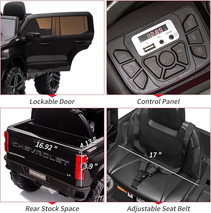 12V Licensed Chevrolet Silverado GMC Ride on Car,Battery Powered Electric Vehicle Jeep,Ride On Truck w/Remote Control, MP3/Bluetooth, Spring Suspension, LED Light (Black)