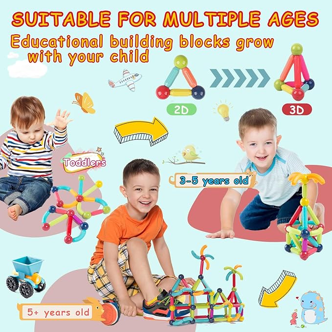 128Pcs Magnetic Blocks Kids Toys, Large Magnetic Building Sticks STEM Educational Sensory Toy Preschool Learning Montessori Toys for Toddlers Boys Girls Ages 3-8 with 2 Cars