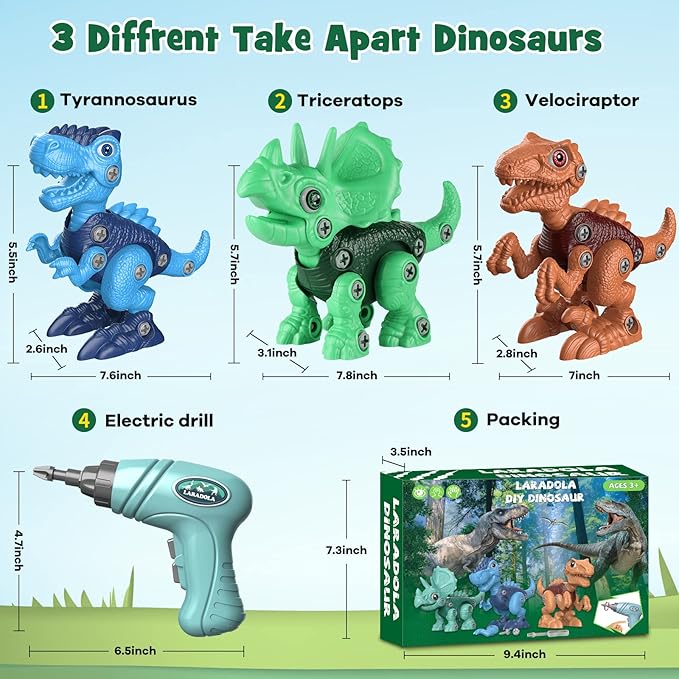 Laradola Dinosaur Toys for 3 4 5 6 7 8 Year Old Boys, Take Apart Dinosaur Toys for Kids 3-5 5-7 STEM Construction Building Kids Toy with Electric Drill, Party Christmas Birthday Gifts Boys Girls