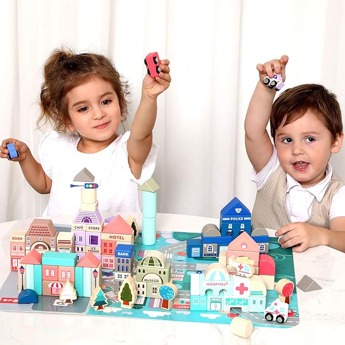 Lewo 115 PCS Wooden Building Blocks with City Map Construction Building Sets City Building Blocks Stacking Blocks Preschool Educational Learning Toys for 3 4 5 6 Years Old Kids Boys Girls Children