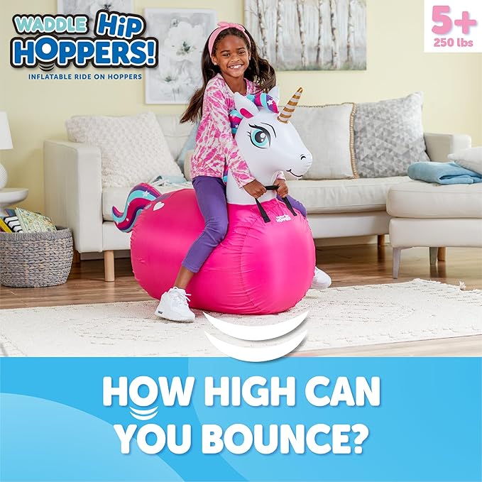 Waddle Large Inflatable Bouncy Hopper - Ride On, Indoor, Outdoor Toys, Bouncy Horse, Toys for Girls and Boys, Durable, Unicorn Toys for Girls, Kids, Adult Toys, Up to 250lbs, Ages 5 and Up (Unicorn)