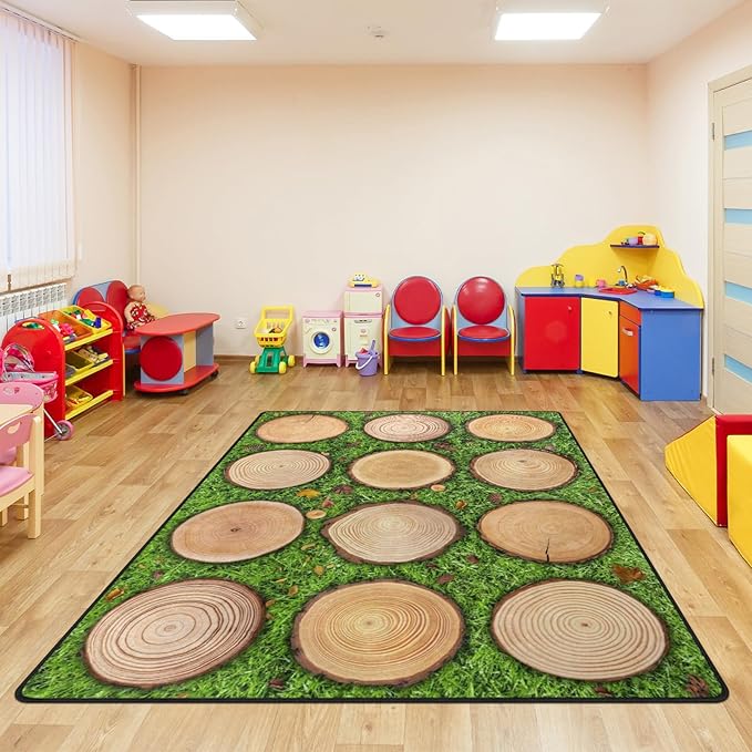 Kids Rug, Classroom Carpets Playmat Rugs - 6x9 Ft Kids Carpet with Rubber Backing, Green Grass Tree Stump Classroom Seating Rug Play Mat Nursery Rugs for Children Bedroom Playroom Elementary -Seats 12