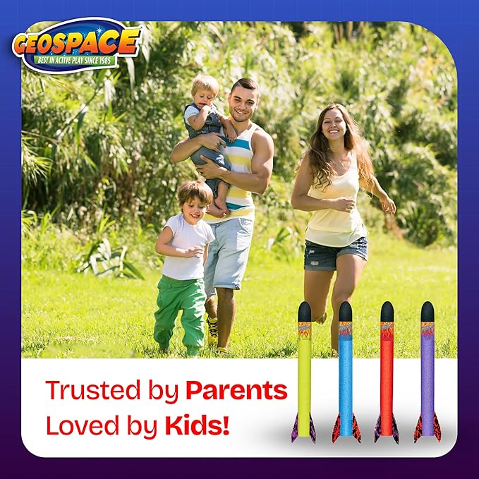 Geospace Hand Held Jr. Pump Rocket Combo Battle Pack – Flying Foam Rockets Outdoor Toys for Kids, Boys & Girls – 30" Set with 2 Launchers & 6 Rockets Set – Hand Stomper Rocket Toy - Cool Toys for Fun