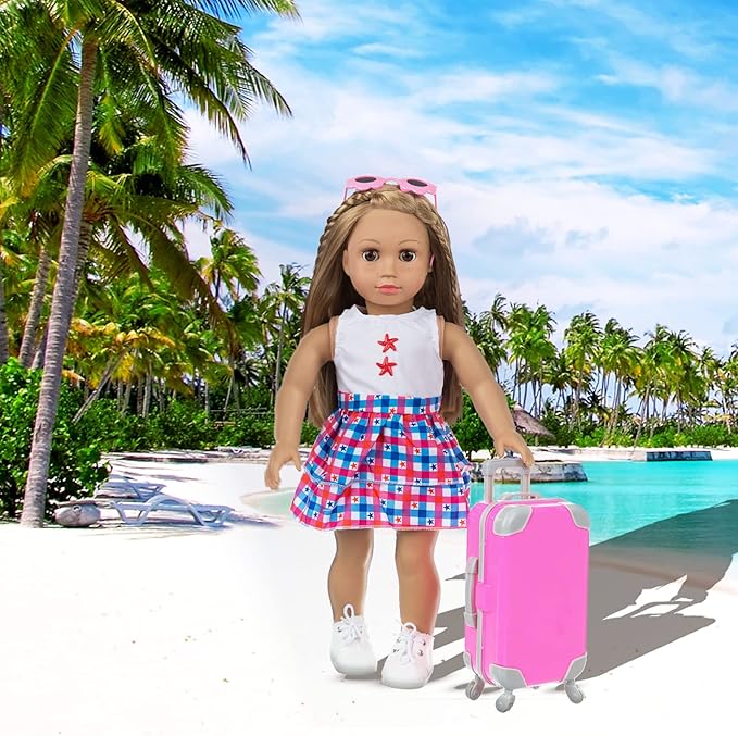 ZQDOLL American 18 inch Doll Clothes and Accessories - Travel Suitcase Play Set Including Suitcase Clothes, Shoes, Sunglasses, Camera, Unicorn Pillow, for 18 inch Doll(No Dolls)