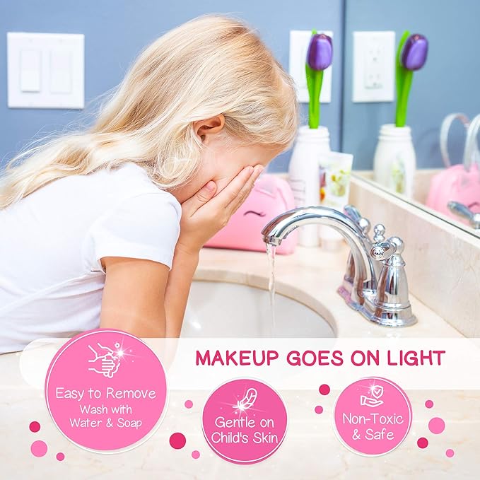 Kids Real Makeup Kit for Girls with Pink Unicorn Purse, Non Toxic Washable Make Up Toy - Easter Basket Stuffers for Toddler & Gifts for Girl Ages 3 4 5 6 7 8 9 10 Years Old - Pretend Play Vanity Set