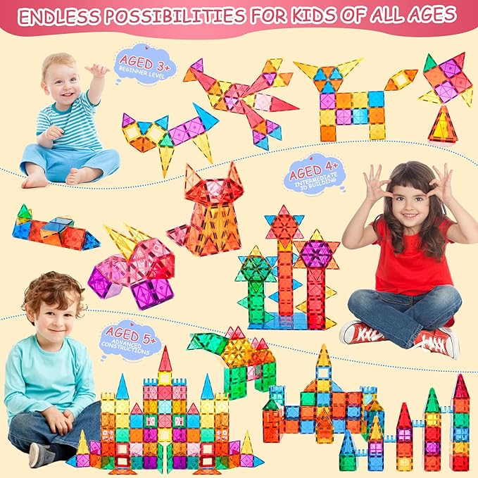 132PCS Magnetic Tiles with 2 Cars Deluxe Set, 3D Magnetic Building Blocks, Preschool Magnetic STEM Toys Sensory Educational Toys for Toddlers Kids 3 4 5 6 7 8-12, Gift for Boys Girls