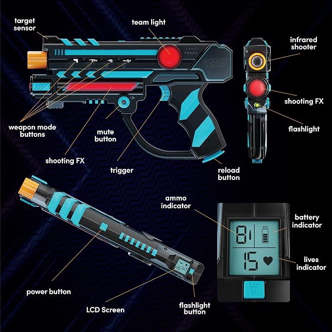 Squad Hero Rechargeable Laser Tag 360° Sensors + LCDs - Set of 4 - Easter Gift Ideas for Kids Teens and Adults Boys & Girls Family Fun - Cool Teenage Lazer Group Activity, Teen Gifts Ages 8+ Year Old