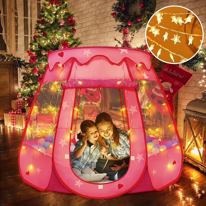 Pop Up Princess Tent with Star Light, Toys for 1 2 3 Year Old Girl Birthday Gift, Ball Pit for Baby 12-18 Month, Foldable Kids Play Tent for Toddler 1-3, One Year Old Girl Toy Indoor Outdoor