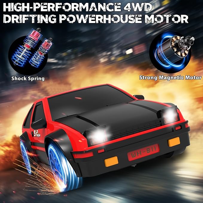 RC Drift Car, 1/24 Remote Control Car, 2.4Ghz 17KM/H High Speed RC Cars with LED Lights, Extra Tires, 2 Rechargeable Batteries, 4WD Racing Car Toys Christmas Birthday Gift for Kids Boys Girls Adults