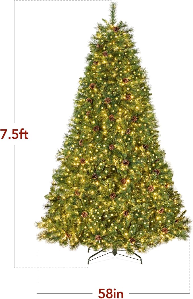 Best Choice Products Full Scotch Pine Christmas Tree, 7.5ft Pre-Lit Holiday Decor w/ 1,500 Twinkling Micro LED Lights, 2-in-1 White & Multicolor