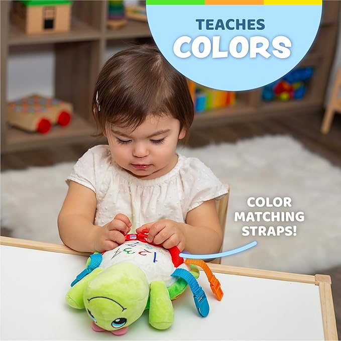 Buckle Toys Belle Turtle Stuffed Animal Montessori Toys for Toddlers 1-3 Sensory Toys to Develop Fine Motor Skills and Learn Shapes and Colors, Travel Essentials for Kids, Includes Storage Pocket