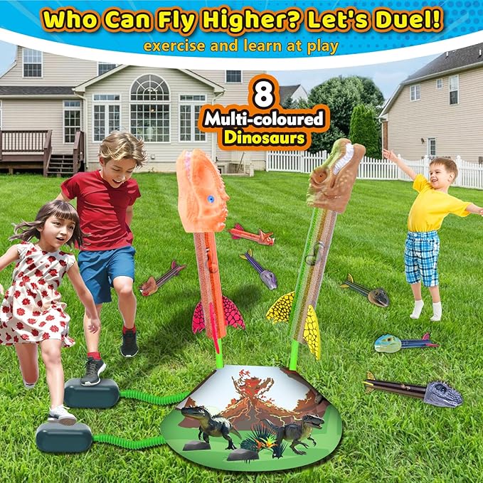 Dinosaur Toys Rocket Launcher for Kids, 8 Rockets with 2 Launcher Pads, Launch Up to 100 Ft, Outdoor Toys, Birthday Gifts for 3 4 5 6 7 8-12 Year Old Boys Girls