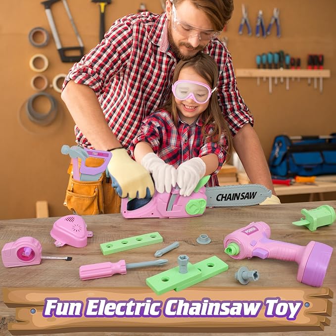 WishaLife Kids Tool Set for Girls - Toddler Tool Set with Toy Chainsaw, Drill, Pretend Play Construction Tools Toy Gift for Kids Age 3 4 5 6 7