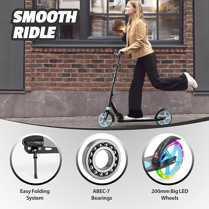 Scooter for Kids Ages 8+ Teens & Adults, Lightweight Kick Scooter with Carry Strap Adjustable Height Equipped with Front handbrake and Rear Brake, Big Sturdy PU Flash Wheels Great Gift & Toy