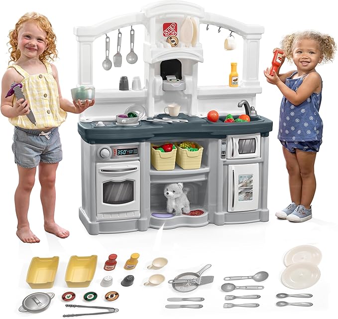 Step2 Fun with Friends Kids Kitchen Playset, Indoor/Outdoor Kitchenette, Interactive Play with Lights and Sounds, Durable Plastic, Includes 25 Piece Toy Accessories, Toddlers 2+ Years Old, Gray