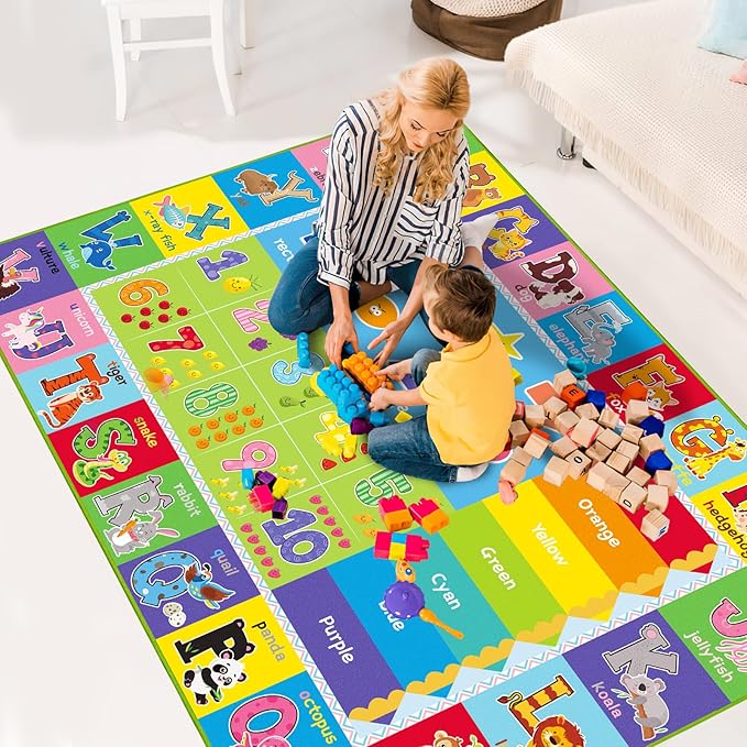 ABC Carpet, Kids Rugs for Playroom, Educational Play Mat for Kids, Preschool Rugs with ABC, Numbers, Animals Learning Carpet for Bedroom Playroom Classroom Baby Toddler Children (Green, 59X39.4 INCH)