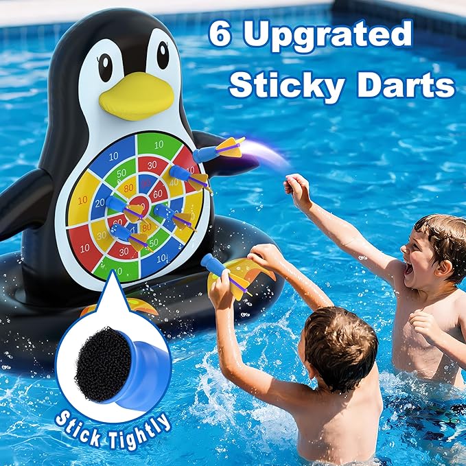 MOONTOY Pool Toys for Kids, Inflatable Penguin Dart Board Game, Pool Games for Beach & Backyard, Summer Water Toys for Boys Girls Ages 6-12, Teens & Adults (Pump Included)