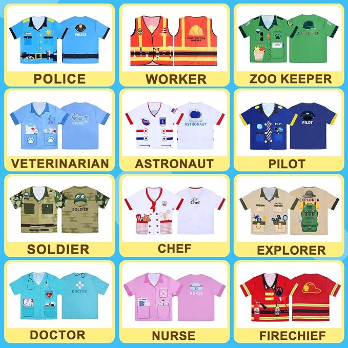 Jiuguva 12 Pcs Kids Role Play Costume Dress up Clothes Cosplay for Kids Community Helper Career Costumes Doctor Construction Workers Fireman Police Career Day Pretend Play