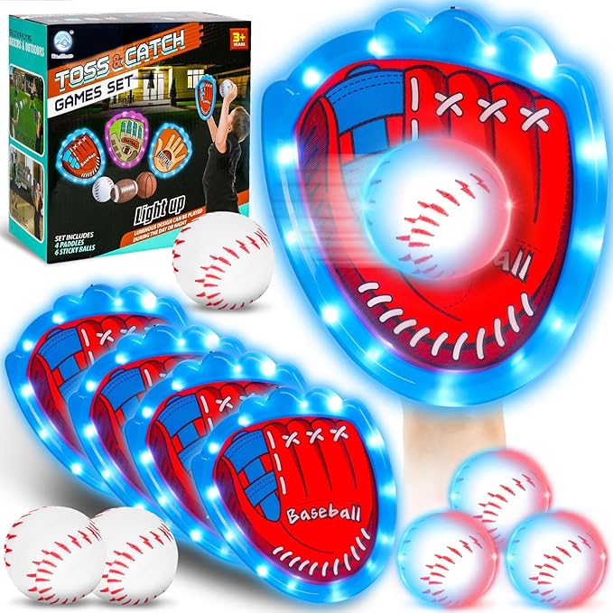 CozyBomB Toss and Catch Ball Game Set - Toddler Sports and Outdoor Toys, Sticky Baseball Glove Catch Games for Kids, Birthday Gifts for 3-10 Year Old Boys Girls (4 LED Paddle 6 Balls Vibration Flash)