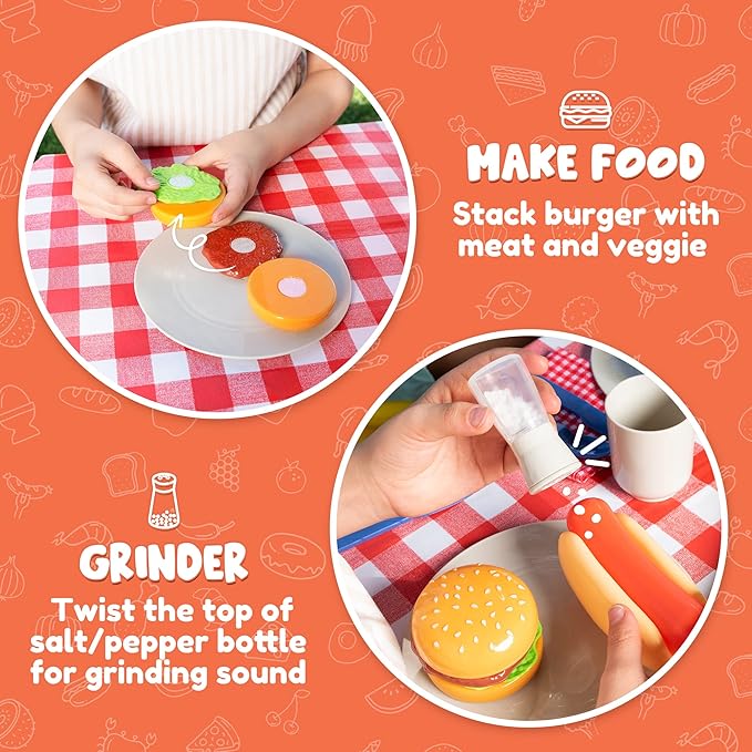 27 PCS Kids BBQ Grill Playset Backyard Barbecue Play Grill Toy Set for Toddlers, Play Food Sets for Kids Kitchen