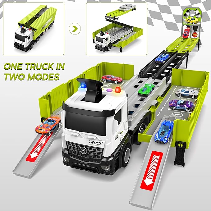 Carrier Truck Race Track Boys Toys, Foldable 3 Layer Toddler Track Playset, Toy Truck Transport Car Carrier & 8 Race Cars, Truck Car Kids Toys for Age 3 4 5 6+ Years Old Boys Girls