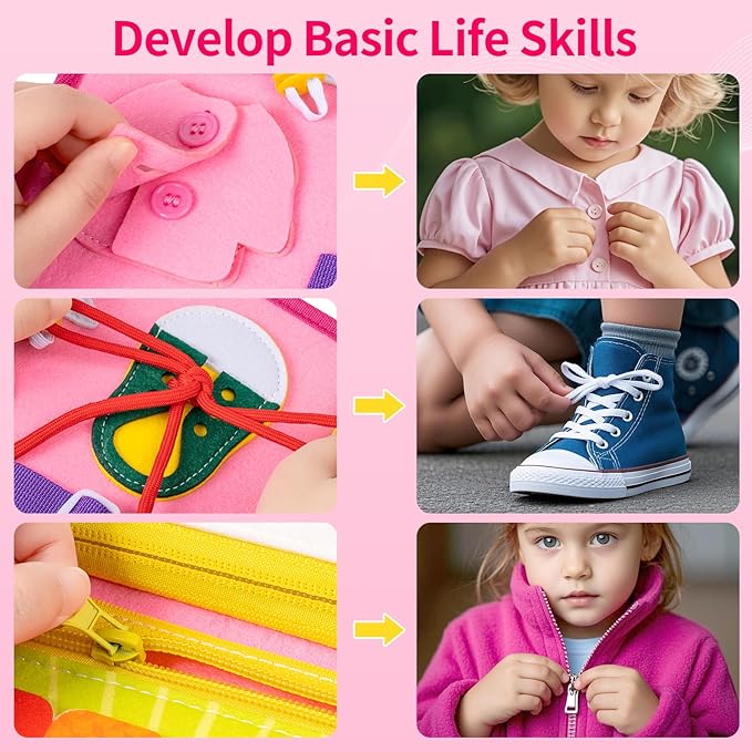 12-page Busy Board Montessori Toddler Toys for 1 2 3 4 Years Old, Busy Book for Toddlers 1-3 Girl Birthday Gift, 24 in 1 Activity Sensory Toys for Motor Skills, Travel Toy for Car Airplane (Pink)